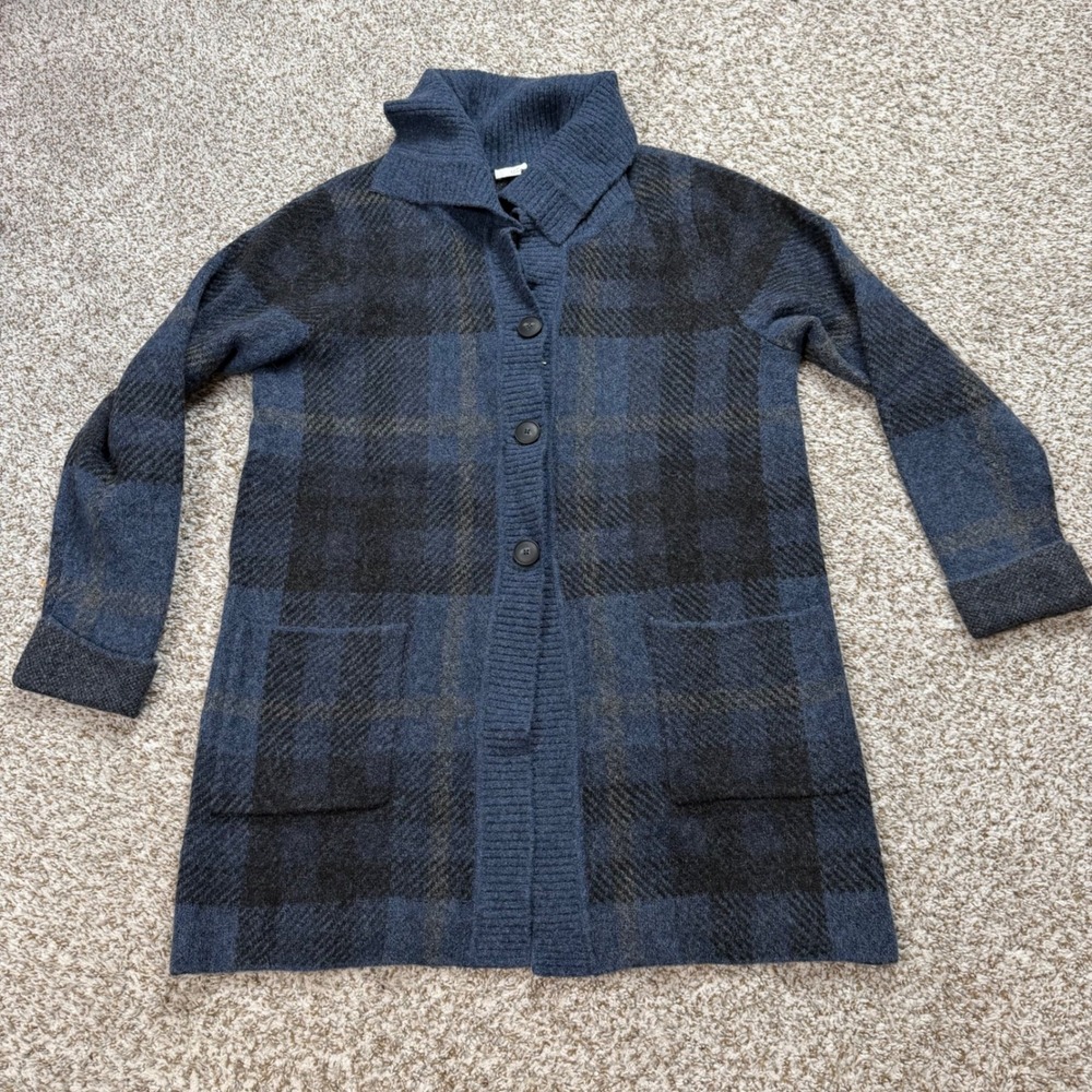 J. Jill Cardigan Sweater Women Medium Blue Black Plaid Shawl Collar Wool Blend